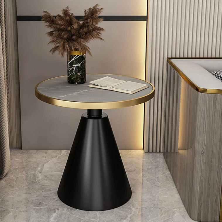 Contemporary Luxury Round Sintered Stone Top Conical Metal Base Coffee Table For Living Room