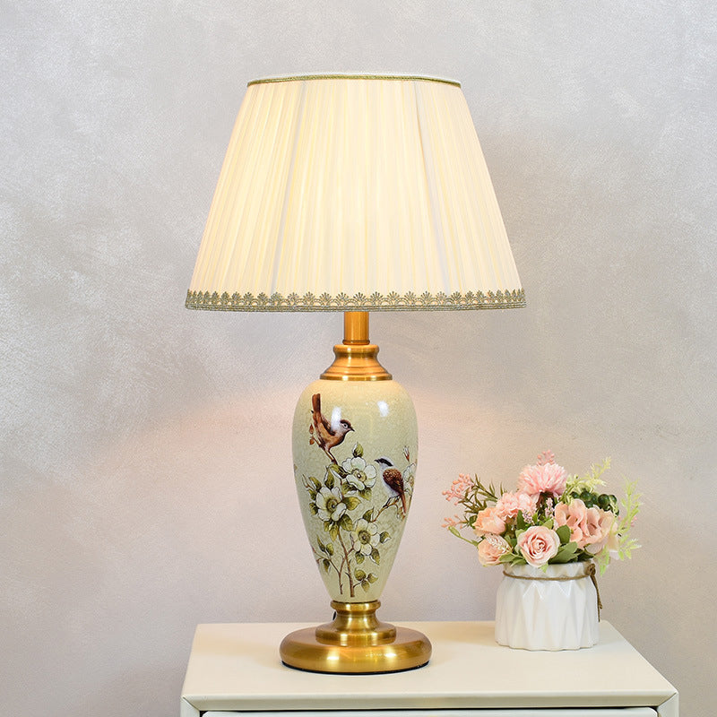 Traditional Chinese Bird And Flower Cylinder Hardware Ceramic Fabric 1-Light Table Lamp For Bedroom