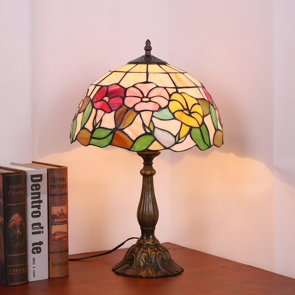 Traditional Tiffany Morning Glory Stained Glass Round 1-Light Table Lamp For Bedroom