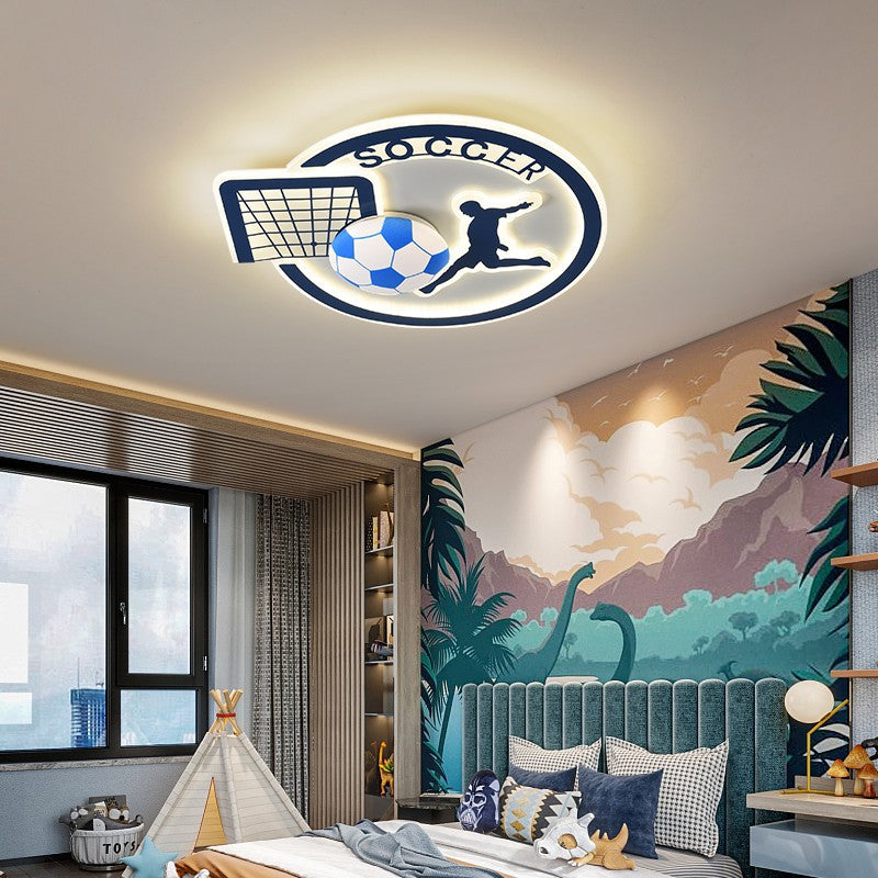 Contemporary Creative Kids Round Basketball Football Iron Acrylic LED Flush Mount Ceiling Light For Bedroom