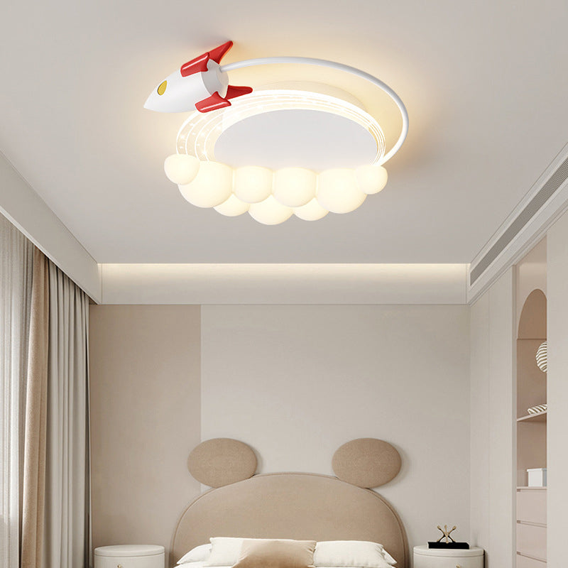 Modern Art Deco Kids Iron PE Rocket Cloud Round LED Flush Mount Ceiling Light For Bedroom