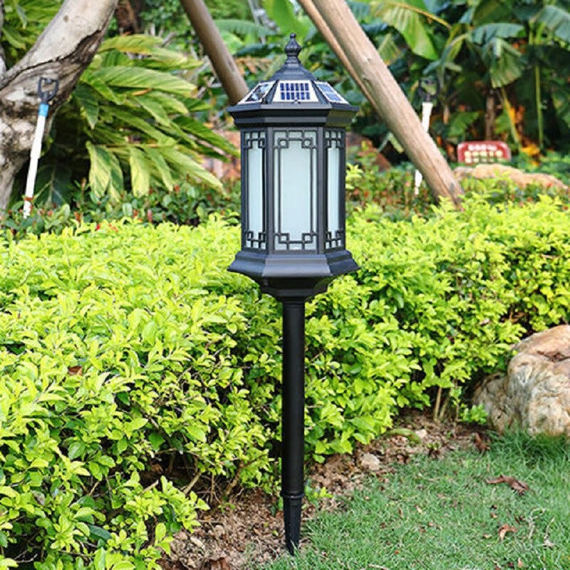 Traditional Chinese Waterproof Solar Aluminum Glass Cylinder 1-Light Landscape Lighting Outdoor Light For Garden