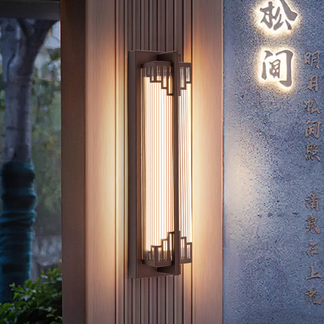 Traditional Chinese Waterproof Rectangular Stainless Steel Glass LED Wall Sconce Lamp For Outdoor Patio