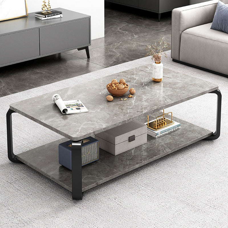 Modern Minimalist Rectangular Table Top Metal Marble Coffee Table 1-Shelf For Living Room