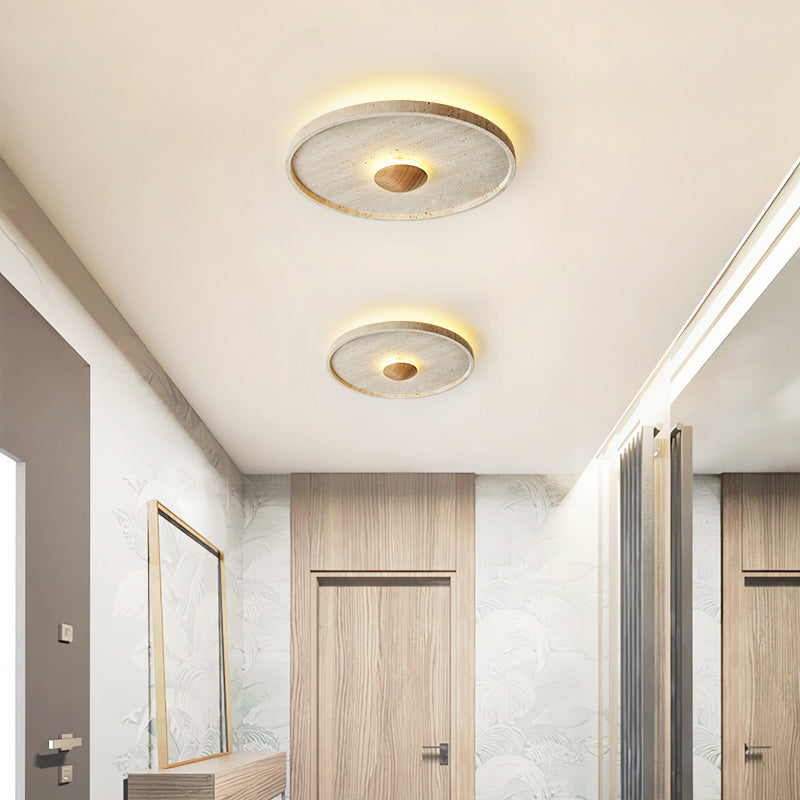 Traditional Japanese Yellow Travertine Disc Shade Wood Grain LED Flush Mount Ceiling Light For Living Room