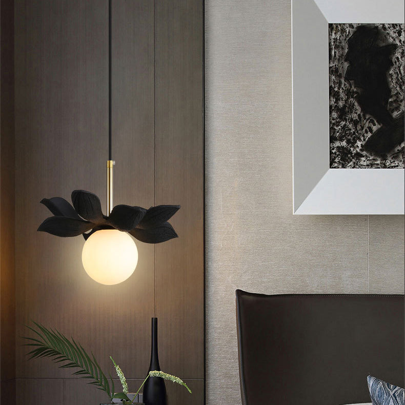 Modern Simplicity Resin Leaf Texture Glass Ball Shade 1-Light Pendant Light For Dining Room