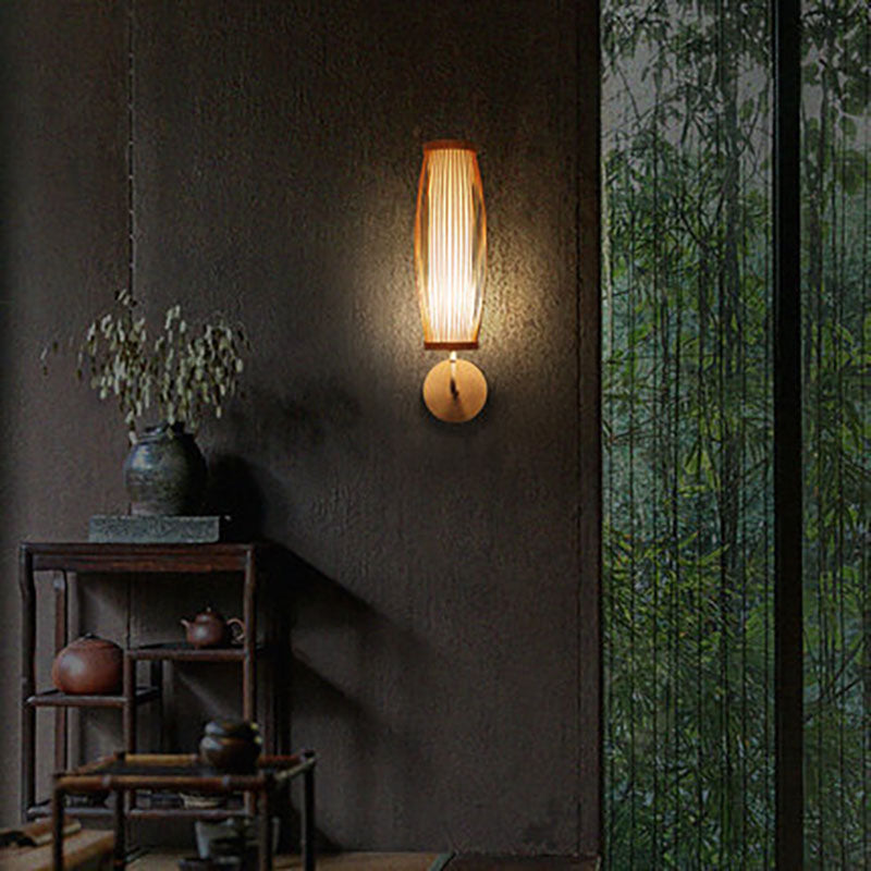 Traditional Japanese Oval Hand Woven Bamboo Fabric Metal 1-Light Wall Sconce Lamp For Bedroom