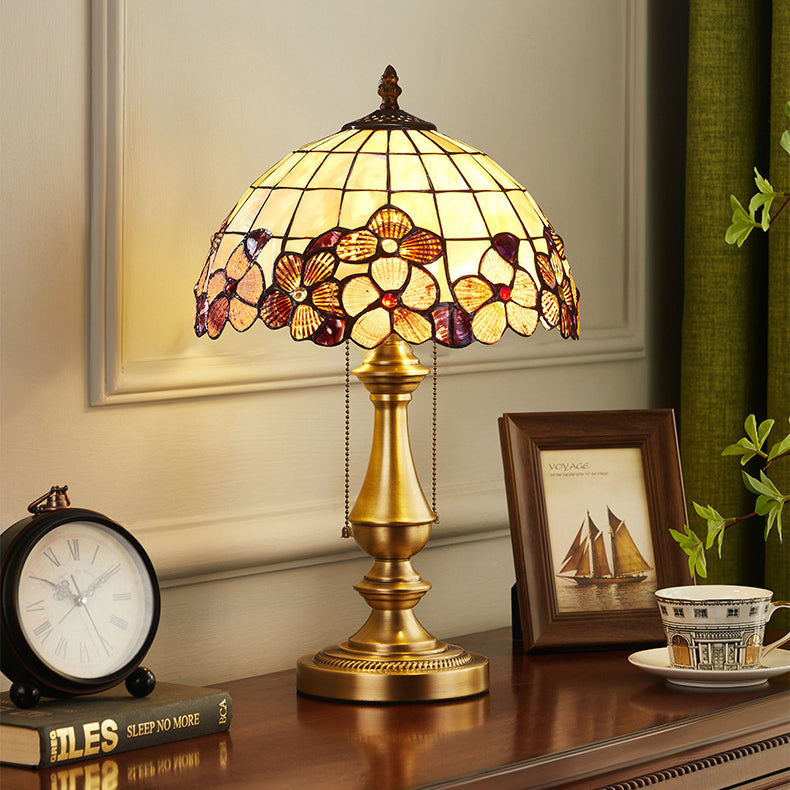 Traditional Tiffany Shell Stained Glass Shade Full Copper Base 1-Light Table Lamp For Bedroom