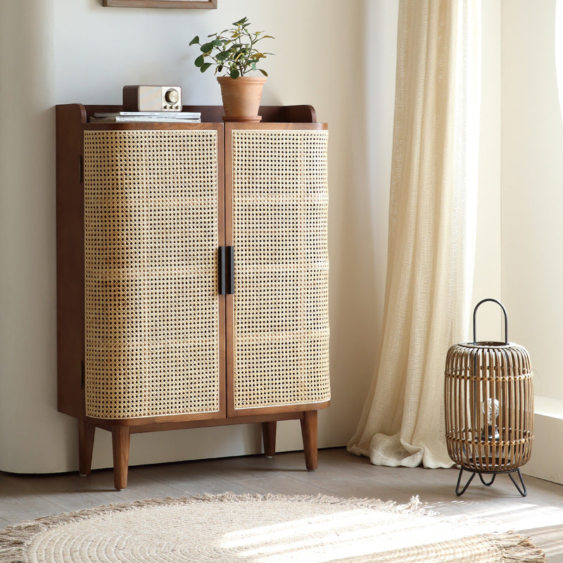 Traditional Vintage Rectangular Rattan Solid Wood Hardware Shoe Storage 5-Tier For Entryways