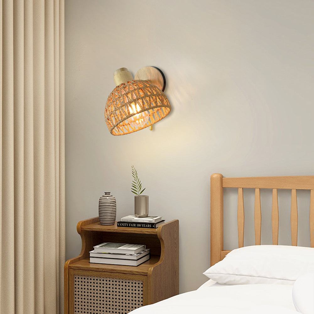 Traditional Farmhouse Paper Rattan Weaving Hollow Out Dome 1-Light Wall Sconce Lamp For Bedroom