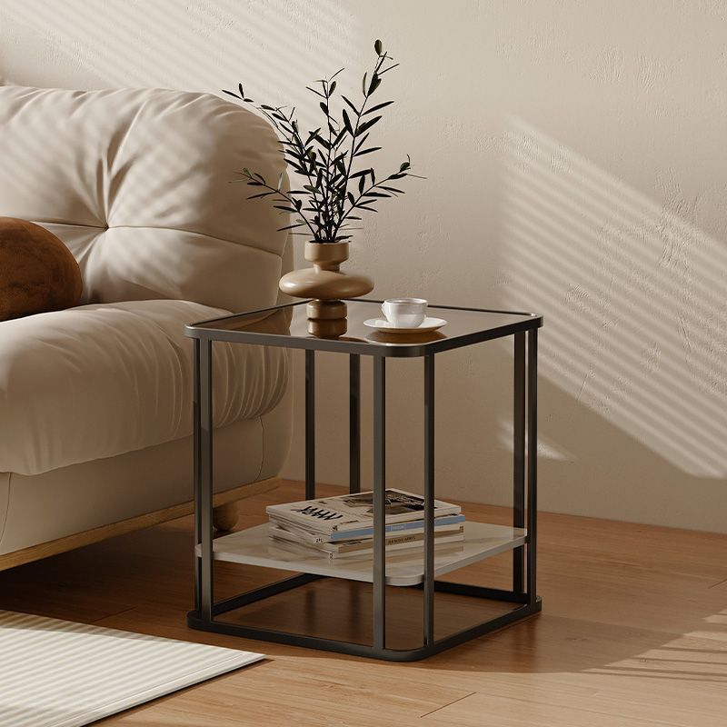 Modern Minimalist Square Rectangular Glass Rock Slab Metal Coffee Table For Living Room