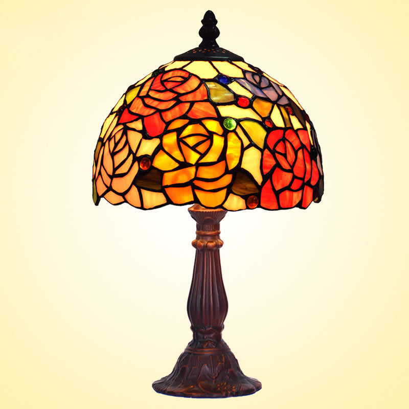 Traditional Tiffany Rose Round Dome Zinc Alloy Stained Glass 1-Light Table Lamp For Bedroom