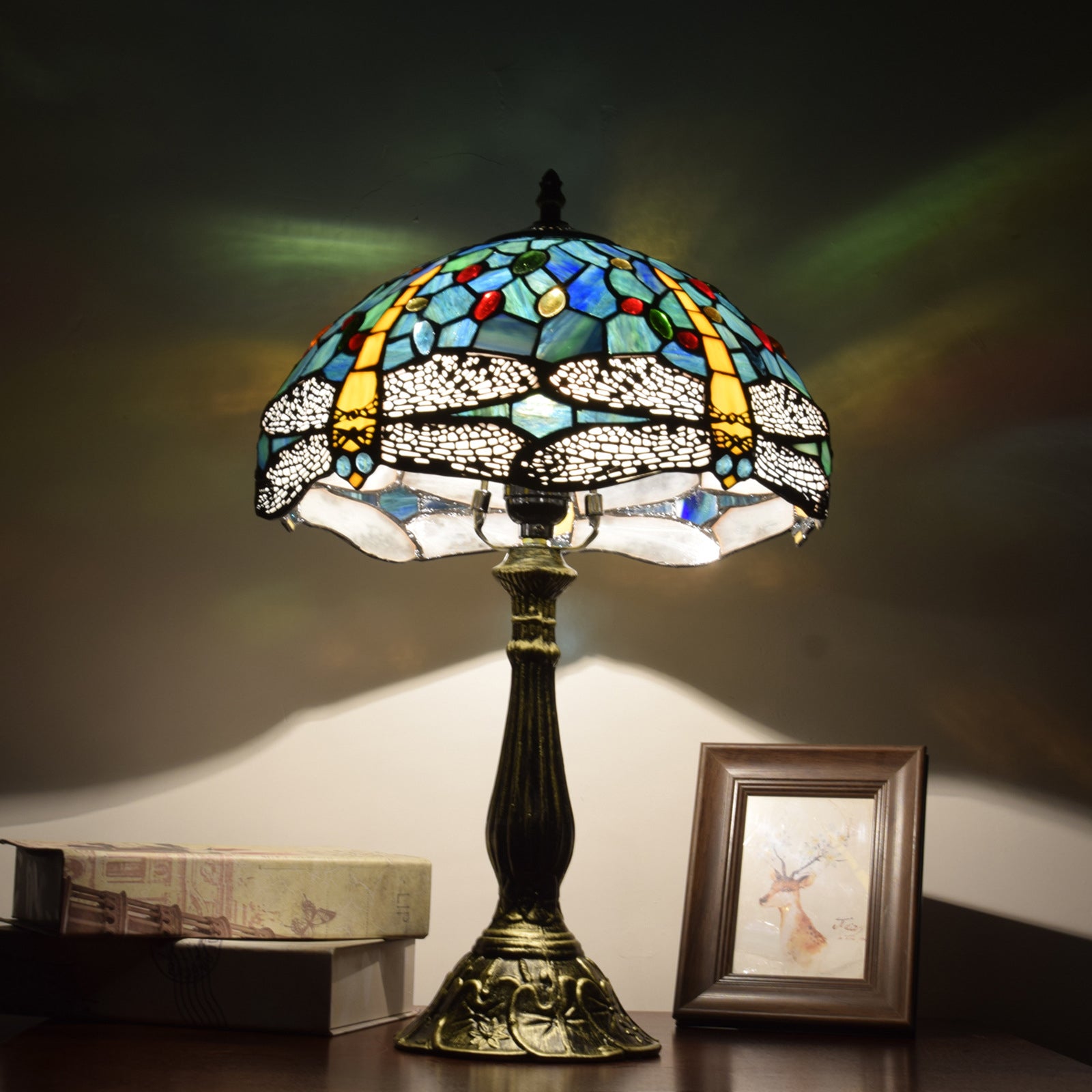 Traditional Tiffany Vintage Dragonfly Stained Glass 1-Light Table Lamp For Study