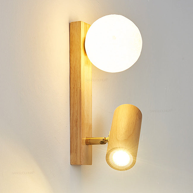 Contemporary Scandinavian Rectangular Orb Cylinder Wood PE LED Wall Sconce Lamp For Bedroom