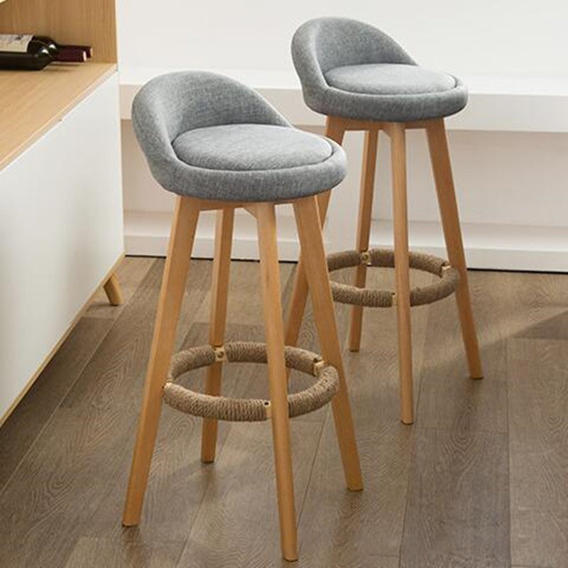 Traditional Vintage Round Fabric Wood Frame Swivel Bar Stool Low Back Footrest For Dining Room