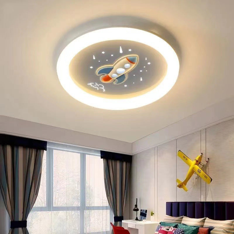 Contemporary Creative Kids Round Rocket Acrylic Resin Iron LED Flush Mount Ceiling Light For Bedroom