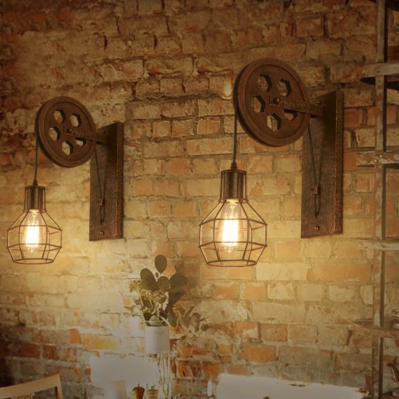 Traditional Vintage Iron Cage Pulley Liftable 1-Light Wall Sconce Lamp For Dining Room