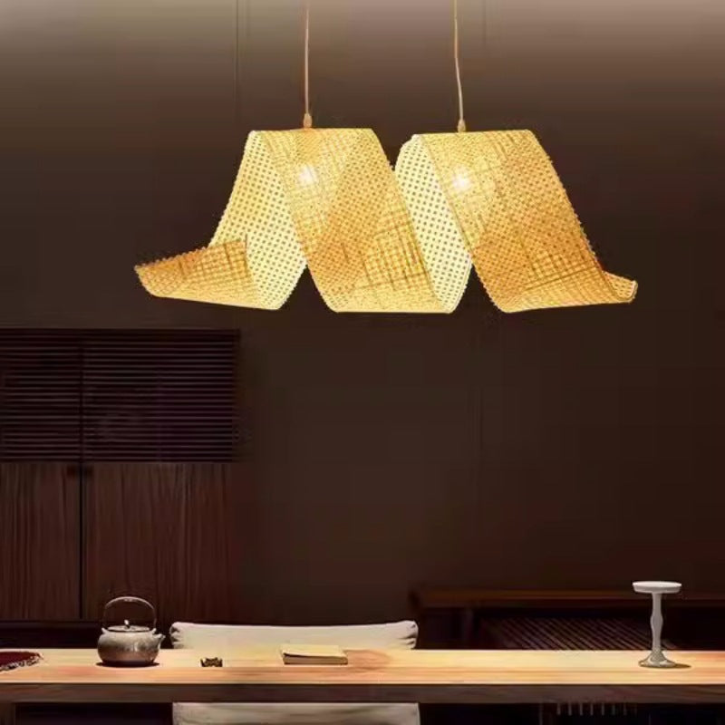 Traditional Japanese Bamboo Weaving Ribbon Shape 2/3-Light Chandelier For Dining Room