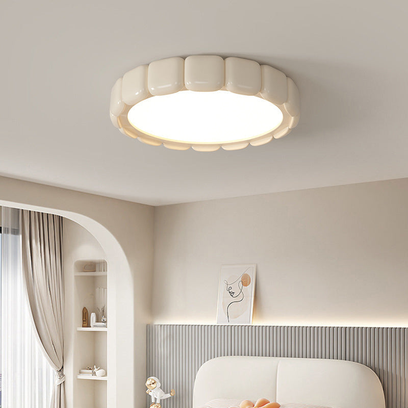 Contemporary Scandinavian Macaron Fiberglass Iron Round LED Flush Mount Ceiling Light For Bedroom