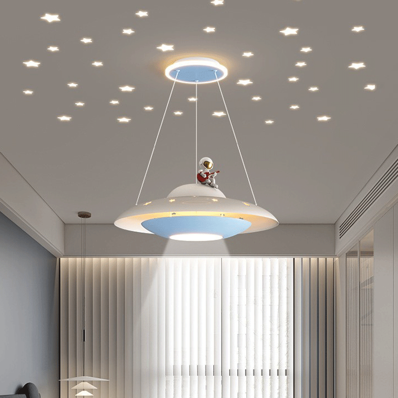 Modern Art Deco Kids Iron Acrylic UFO Spaceship Astronaut Round LED Pendant Light For Bedroom