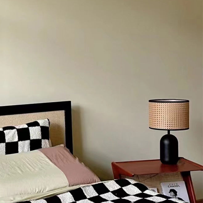 Traditional Japanese Round Cylinder Rattan Mesh Shade Metal 1-Light Table Lamp For Living Room