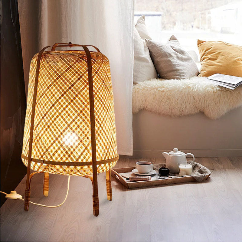 Traditional Japanese Cylindrical Hand-Woven Bamboo 1-Light Standing Floor Lamp For Bedroom