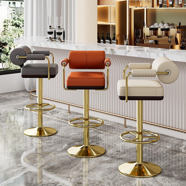 Modern Luxury Square Cylindrical Leather Metal Bar Stool Backrest Armrest For Dining Room