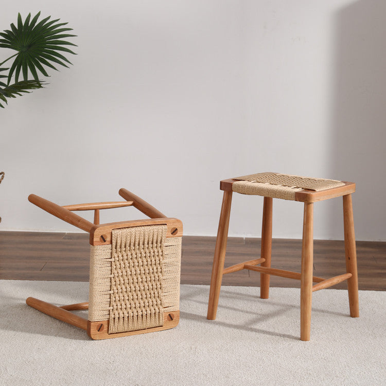 Traditional Vintage Braided Rope Wood Frame Square Footstool For Entryway