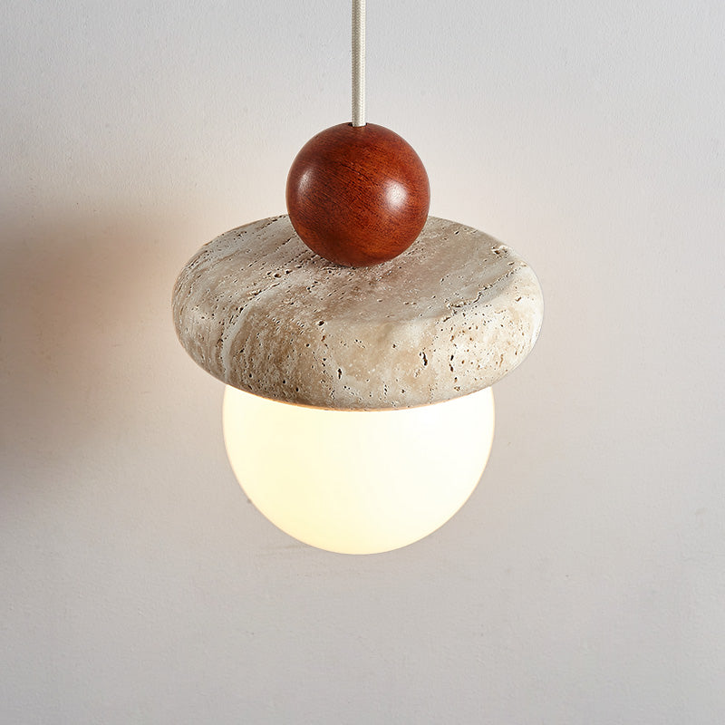 Traditional Japanese Wabi Sabi Solid Wood Travertine Round 1-Light Pendant Light For Living Room