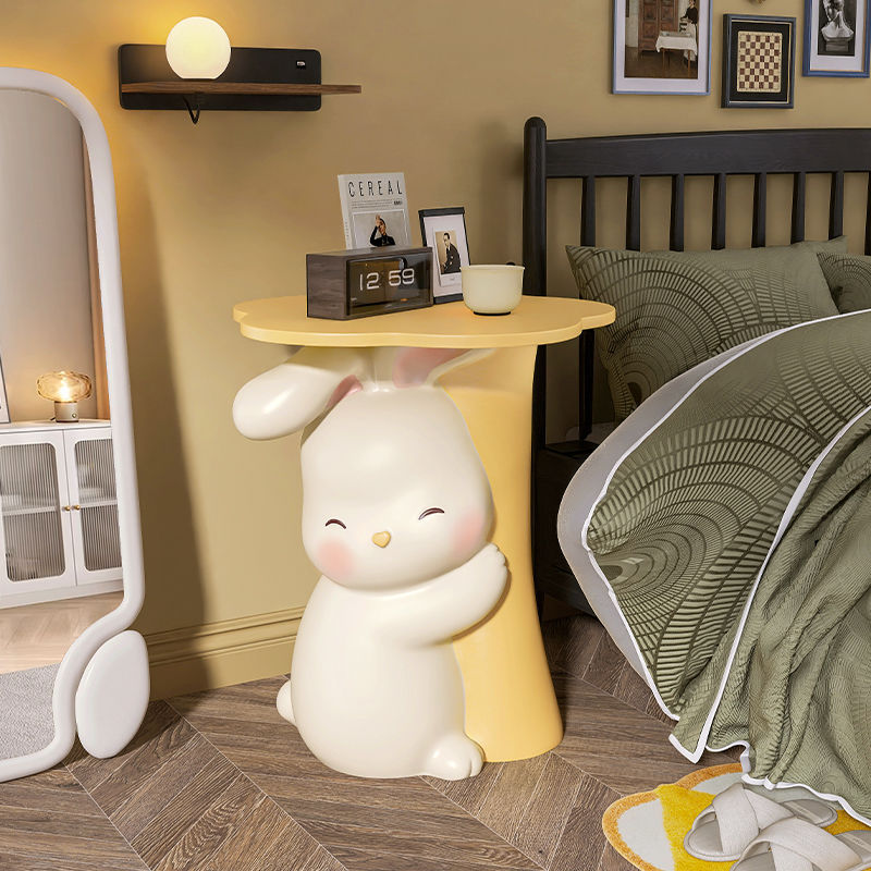 Contemporary Creative Kids Flower Rabbit Resin Wood End Table 1-Tray For Bedroom