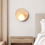 Traditional Japanese Wabi-Sabi Yellow Travertine Circle 1-Light Wall Sconce Lamp For Bedroom