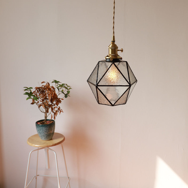 Traditional Vintage Polygonal Brass Glass 1-Light Pendant Light For Living Room