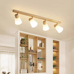 Traditional Vintage Wood Glass Trumpet Shade 1/2/3/4-Light Semi-Flush Mount Ceiling Light For Living Room
