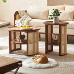 Traditional Japanese Round Rattan Wood Marble Coffee Table 2-Tier For Living Room