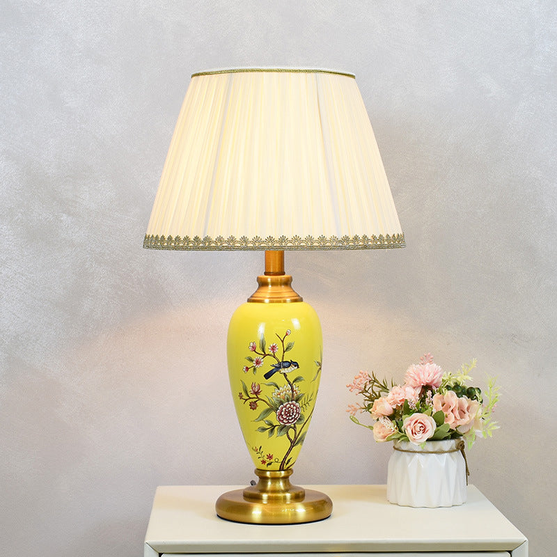 Traditional Chinese Bird And Flower Cylinder Hardware Ceramic Fabric 1-Light Table Lamp For Bedroom