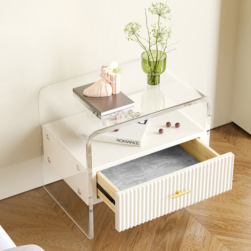 Modern Luxury Rectangular Table Top Acrylic Tempered Glass Solid Wood Nightstand 1-Drawer For Bedroom