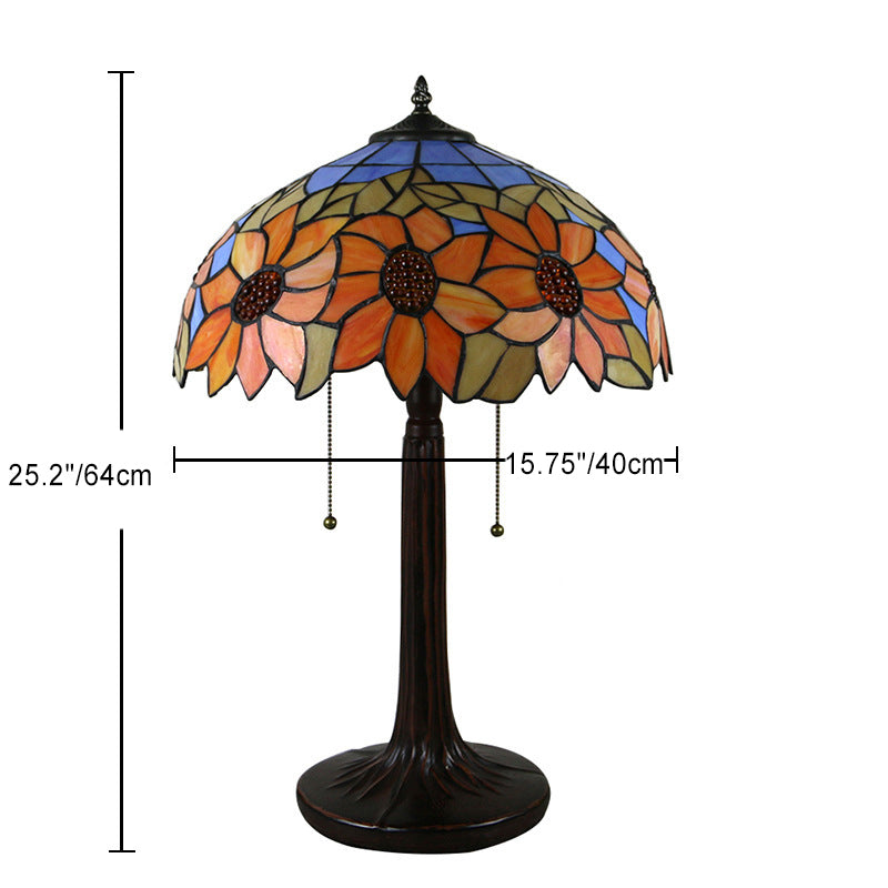 Traditional Tiffany Pastoral Rose Flower Stained Glass 2-Light Table Lamp For Bedroom