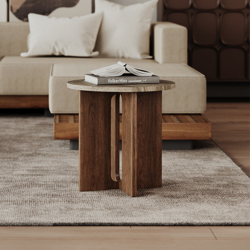 Traditional Vintage Round Rectangle Cross Base Natural Travertine Wood Coffee Table For Living Room