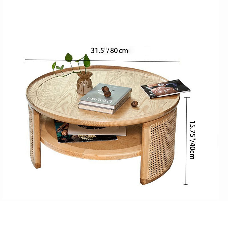 Traditional Japanese Round Wood Weaving Coffee Table For Living Room