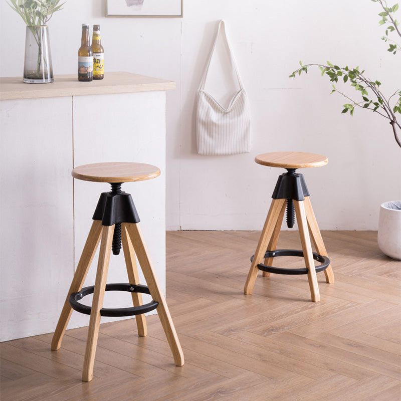 Traditional Vintage Solid Wood Round Nylon Threaded Rod Counter Stool Height Adjustable Swivel  Footrest For Kitchen