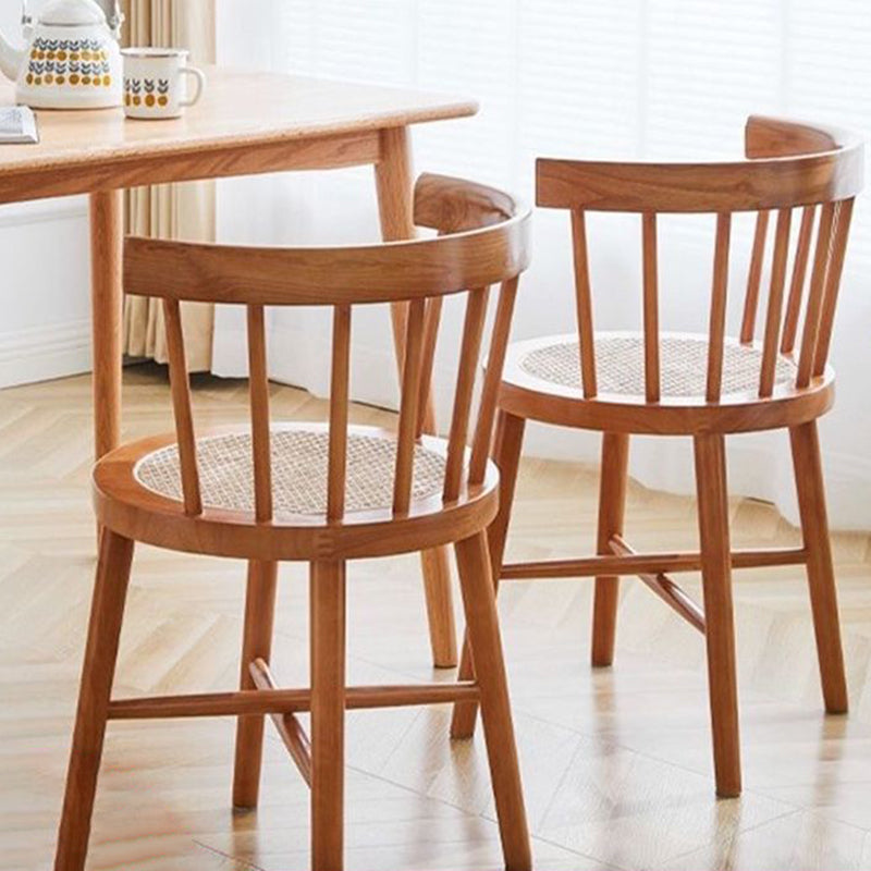 Traditional Chinese Bent Round Rattan Solid Wood Dining Chair Backrest Armless For Dining Room