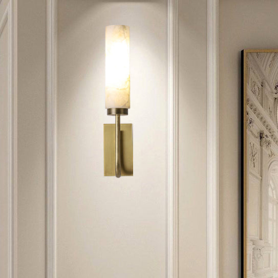 Modern Minimalist Cylinder Iron Marble 1-Light Wall Sconce Lamp For Bedroom