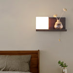 Modern Minimalist Rectangular Square Shelf Wood Glass 1-Light Wall Sconce Lamp For Bedroom