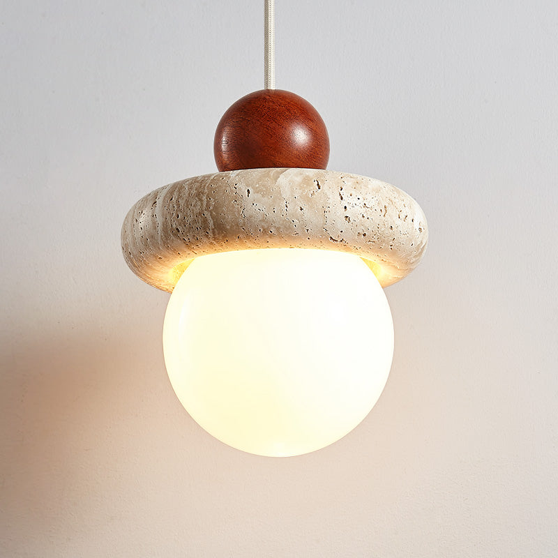 Traditional Japanese Wabi Sabi Solid Wood Travertine Round 1-Light Pendant Light For Living Room