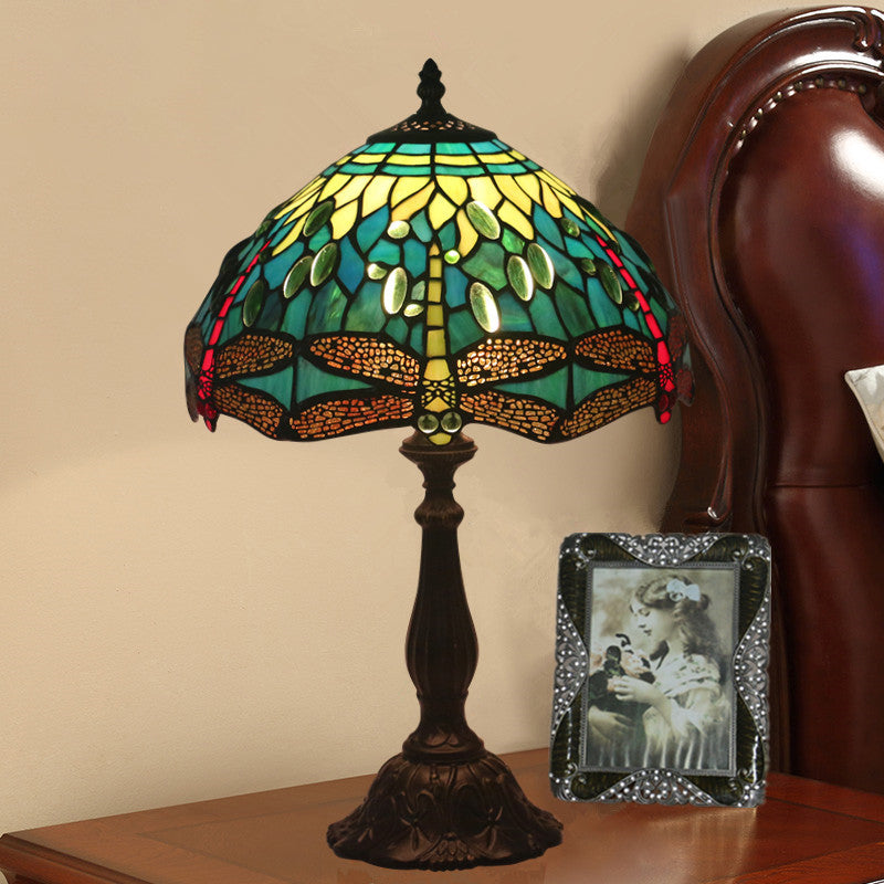 Traditional Tiffany Stained Glass Animal Dragonfly Pattern Zinc Alloy Base 1-Light Table Lamp For Bedroom