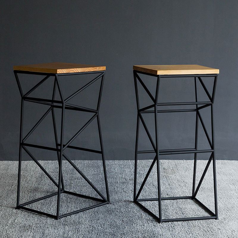 Contemporary Industrial Iron Wood Geometric Frame Square Bar Stool Footrest For Dining Room