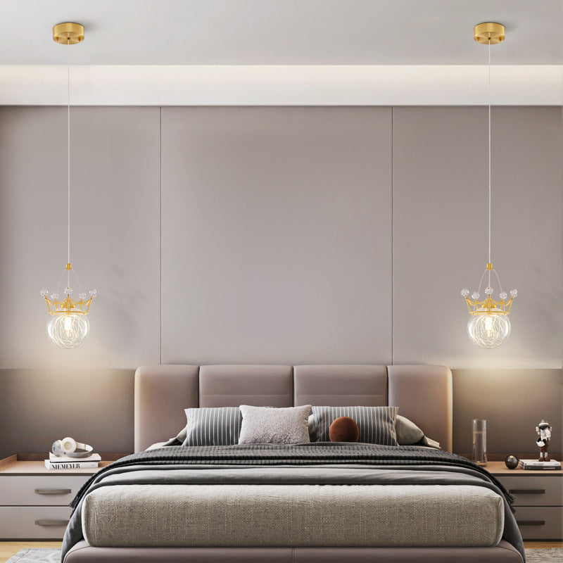 Modern Luxury Crown Orb All Brass Glass 1-Light Pendant Light For Bedroom