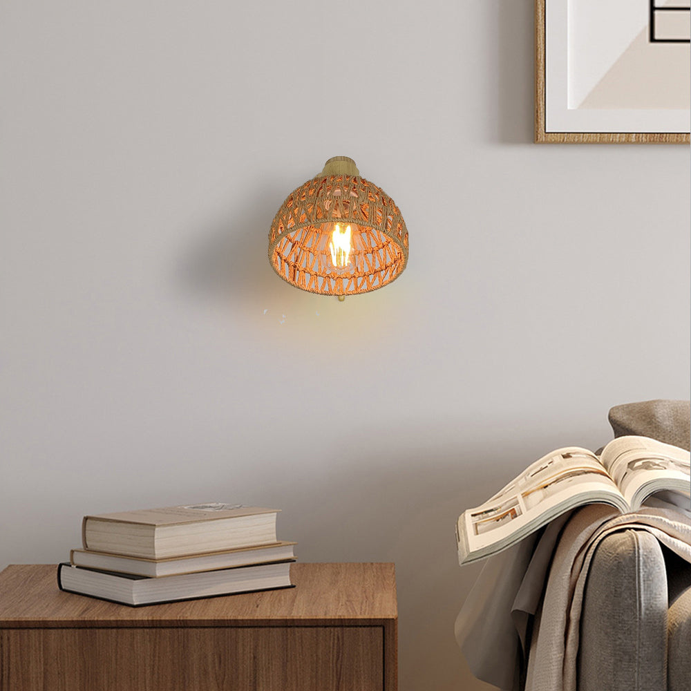 Traditional Farmhouse Paper Rattan Weaving Hollow Out Dome 1-Light Wall Sconce Lamp For Bedroom