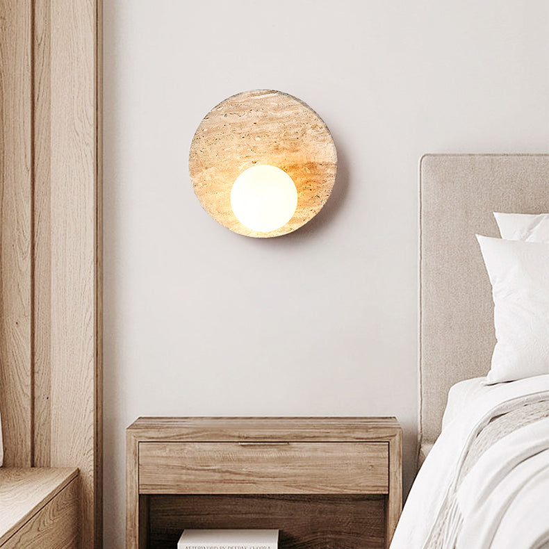 Traditional Japanese Wabi-Sabi Yellow Travertine Circle 1-Light Wall Sconce Lamp For Bedroom