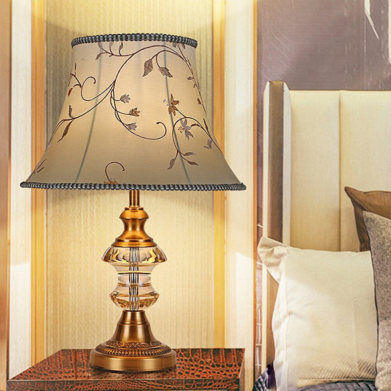 Traditional European Cylinder Hardware Crystal Fabric 1-Light Table Lamp For Bedroom